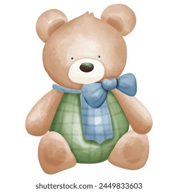 Oso de peluche con bufanda sobre fondo blanco. Ilustración vectorial.