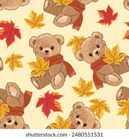 Teddy Bear in a scarf seamless pattern autumn vector illustration, Hand Drawn Cute print kids design