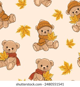 Teddy Bear in a scarf seamless pattern autumn vector illustration, Hand Drawn Cute print kids design