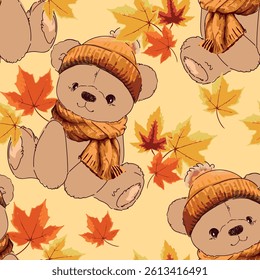 Teddy Bear in a scarf seamless pattern autumn vector illustration, Hand Drawn Cute print kids design