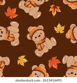 Teddy Bear in a scarf seamless pattern autumn vector illustration, Hand Drawn Cute print kids design