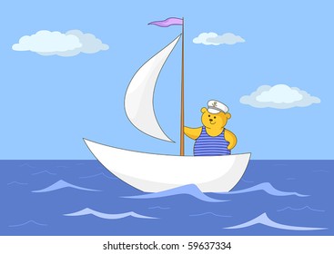 Teddy bear seaman floats on a sailing vessel on the dark blue sea