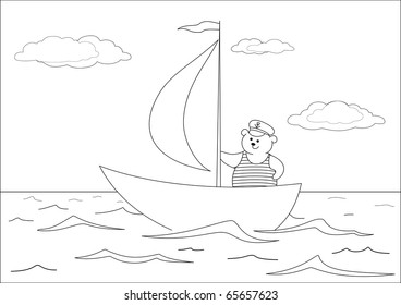 Teddy bear seaman floats on a sailing vessel on the sea, contours.