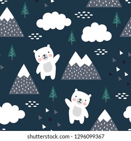 Teddy Bear Seamless Pattern Background, Happy cute bear in the forest between mountain tree and cloud, Cartoon Panda Bears Vector illustration for kids forest background with triangle dots