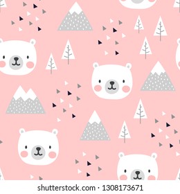 Teddy Bear Seamless Pattern Background, Happy cute bear in the forest between mountain tree and cloud, Cartoon Panda Bears Vector illustration for kids forest background with triangle dots