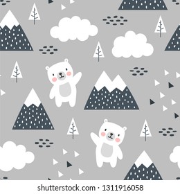 Teddy Bear Seamless Pattern Background, Happy cute bear in the forest between mountain tree and cloud, Cartoon Panda Bears Vector illustration for kids forest background with triangle dots