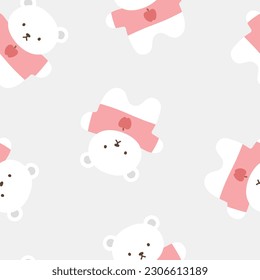 Teddy Bear Seamless Pattern Background, Happy cute bear with apple tshirt, Cartoon Panda Bears Vector illustration for kids soft background with dots