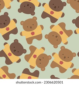 Teddy Bear Seamless Pattern Background, Happy cute bear with apple tshirt, Cartoon Panda Bears Vector illustration for kids soft background with dots