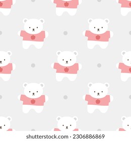 Teddy Bear Seamless Pattern Background, Happy cute bear with apple tshirt, Cartoon Panda Bears Vector illustration for kids soft background with dots