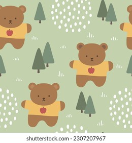 Teddy Bear Seamless Pattern Background, Happy cute bear with apple tshirt, Cartoon Panda Bears Vector illustration for kids soft background with dots