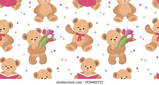 Teddy Bear Seamless Pattern. Happy Cute Toy Bear. Design For Textile, Fabric, Gift Paper. Vector