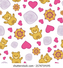 Teddy bear seamless pattern with hearts and stars on white background. For design, textile, wrapping, baby shower, print.