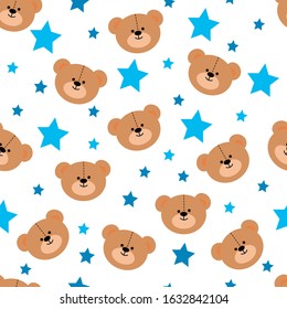 Teddy bear seamless pattern with stars. Vector background for print on textile or paper.