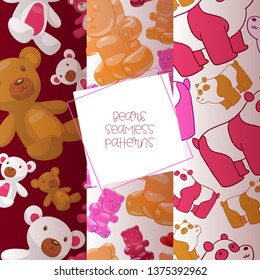 Teddy bear seamless pattern vector jelly-bear cartoon panda animal character in childhood background animalistic backdrop illustration wallpaper childish set.