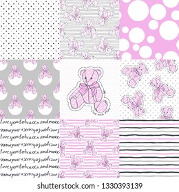 Teddy Bear and seamless patterns. Vector illustration set.