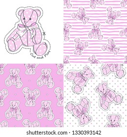 Teddy Bear and seamless patterns. Vector illustration set.