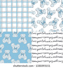 Teddy Bear and seamless patterns. Vector illustration set.