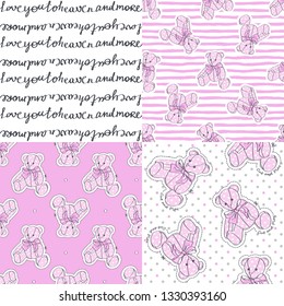 Teddy Bear and seamless patterns. Vector illustration set.