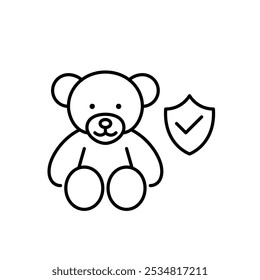 Teddy bear, security shield with checkmark. Children insurance and protection. Safe environment and charity. Pixel perfect, editable stroke icon