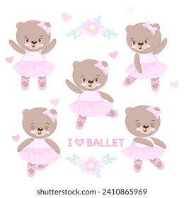 Teddy bear set, collection, clip art. Cute baby bear girl. Animal ballet. Ballerina bear. Vector illustration isolated on white background. Greeting card, poster, print. Baby shower invitation.Love 