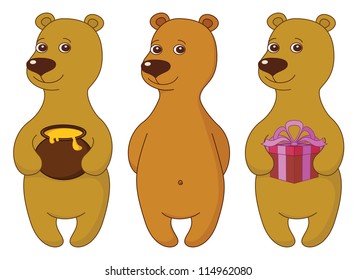 Teddy bear set, cute little toy, standing and smiling, isolated. Various Ã?Â¢?? simple, with gift box and honey pot. Vector