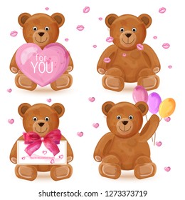 Teddy bear set Vector. Romantic cute cartoon bears lovely symbols in watercolor