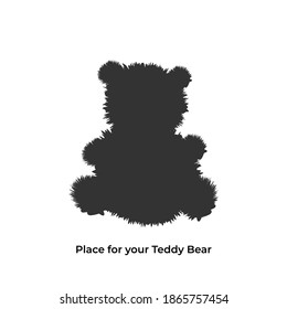 Teddy bear shadow. Black silhouette of cartoon teddy bear isolated on white. Child vintage toy. Concept art post card