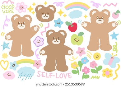Teddy bear shape, butterfly, cherry, flowers, star, apple, rainbow for cartoon character, comic, mascot, greeting card, animals, zoo, souvenir shop, good vibe, cute patch, print, standee, toy, doll