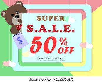 Teddy bear with shopping bag  side view Super Sale poster, banner. Big sale, clearance. 50% off,paper cut Vector illustration eps10.