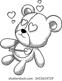Oso de peluche de flecha ama la imagen vectorial en blanco y negro, colección de valentina, colección de muñecas, colección de ositos de peluche