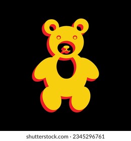 Teddy bear sign illustration. 3D Extruded Yellow Icon with Red Sides a Black background. Illustration.