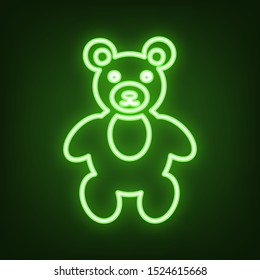 Teddy bear sign illustration. Green neon icon in the dark. Blurred lightening. Illustration.