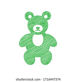 Teddy bear sign illustration. Green scribble Icon with solid contour on white background. Illustration.