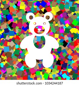 Teddy bear sign illustration. Vector. White icon on colorful background with seamless pattern from squares.