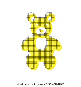 Teddy bear sign illustration. Vector. Yellow icon with square pattern duplicate at white background. Isolated.