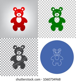 Teddy bear sign illustration. Vector. 4 styles. Red gradient in radial lighted background, green flat and gray scribble icons on transparent and linear one in blue circle.