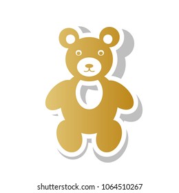 Teddy bear sign illustration. Vector. Golden gradient icon with white contour and rotated gray shadow at white background.
