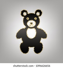 Teddy bear sign illustration. Vector. Blackish icon with golden stars at grayish background.