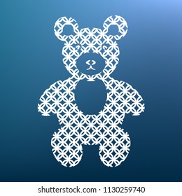 Teddy bear sign illustration. Vector. White textured icon at lapis lazuli gradient background.