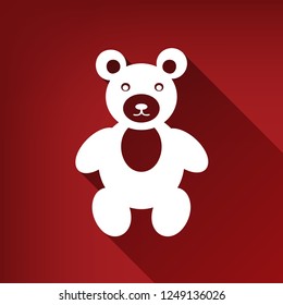 Teddy bear sign illustration. Vector. White icon with limitless shadow at ruby red background.