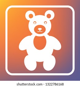 Teddy bear sign illustration. Vector. White icon on transparent button at orange-violet gradient background.