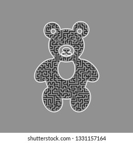 Teddy bear sign illustration. Vector. Black maze filled icon with white border at gray background.