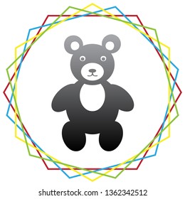 Teddy bear sign illustration. Vector. Black icon with patch of light inside colorful hexagonal frames at white background.