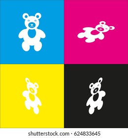 Teddy bear sign illustration. Vector. White icon with isometric projections on cyan, magenta, yellow and black backgrounds.