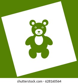 Teddy bear sign illustration. Vector. White icon obtained as a result of subtraction rotated square and path. Avocado background.