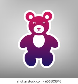 Teddy bear sign illustration. Vector. Purple gradient icon on white paper at gray background.