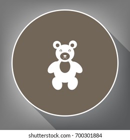 Teddy bear sign illustration. Vector. White icon on brown circle with white contour and long shadow at gray background. Like top view on postament.