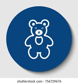 Teddy bear sign illustration. Vector. White contour icon in dark cerulean circle at white background. Isolated.