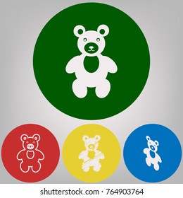 Teddy bear sign illustration. Vector. 4 white styles of icon at 4 colored circles on light gray background.