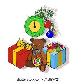 Teddy Bear Sit next to Christmas Gifts on the Clockwork Background Decorated with Christmas-tree Toys. Vector illustration